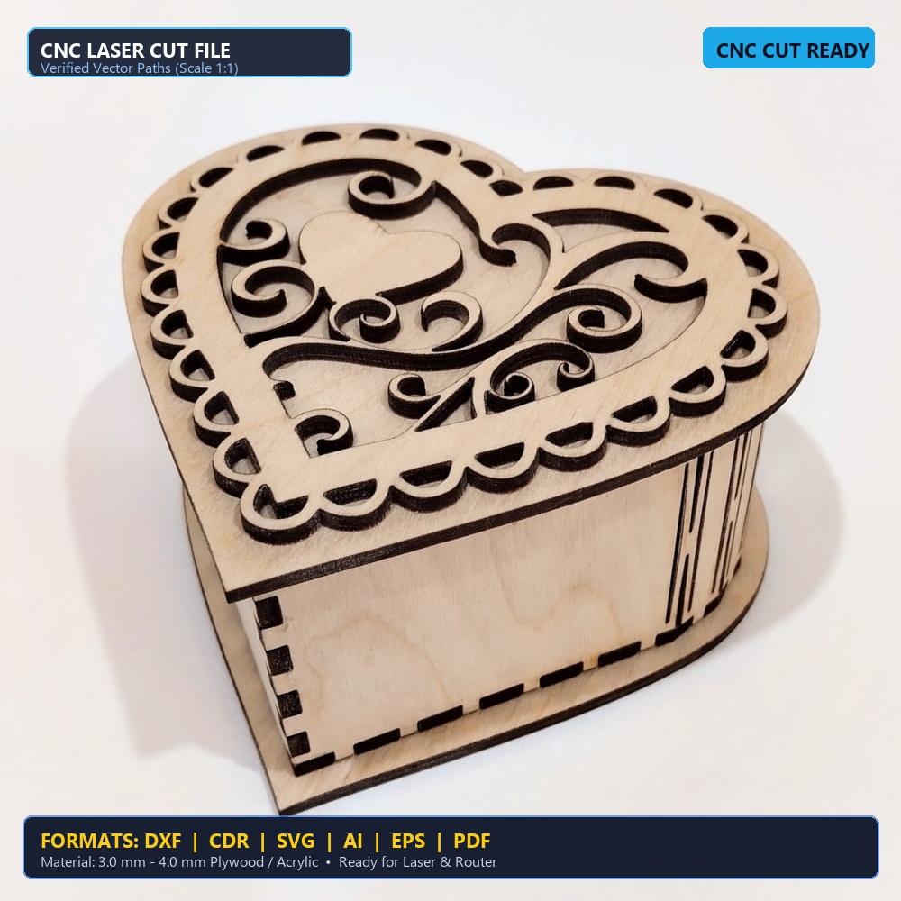 Laser Cut Romantic Heart Wooden Gift Box With Lid - DXF, CDR, SVG