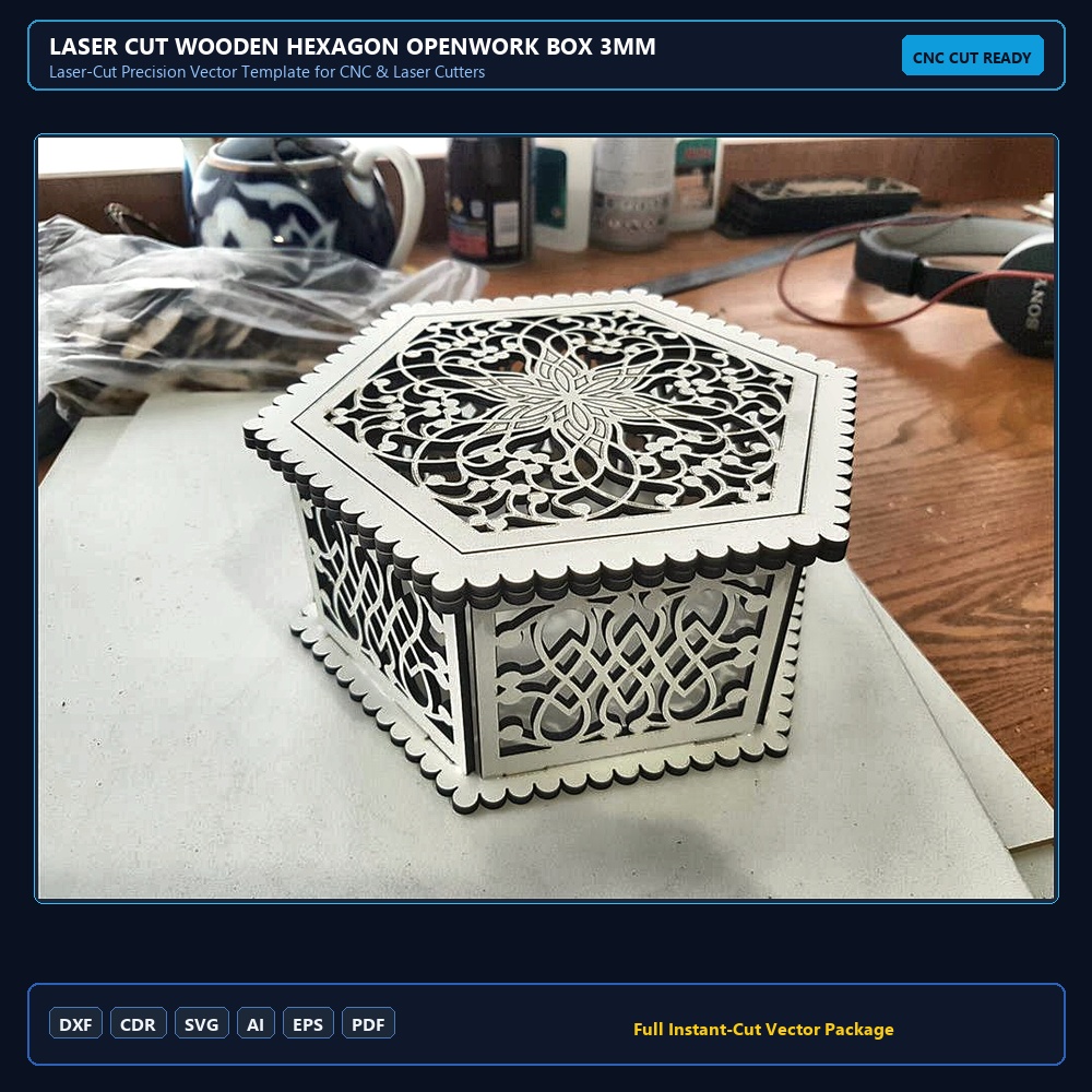 Laser Cut Wooden Hexagon Openwork Box 3mm