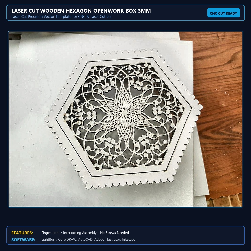 Laser Cut Wooden Hexagon Openwork Box 3mm View 3