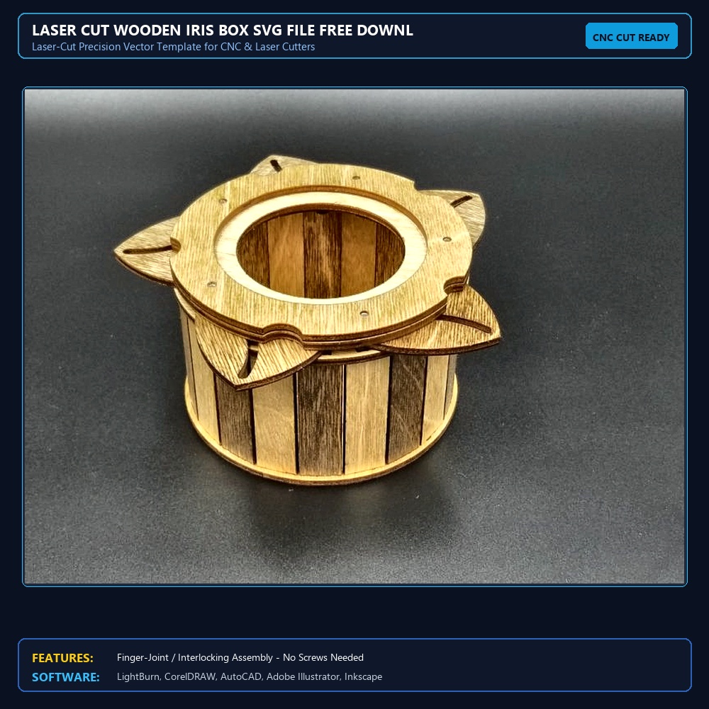 Laser Cut Wooden Iris Box SVG File Free Download - 3axis.co View 4