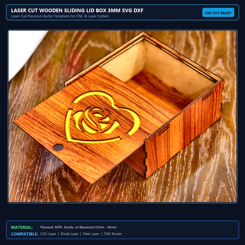 Laser Cut Wooden Sliding Lid Box 3mm SVG DXF CDR AI PDF Free Download - 3axis.co View 2
