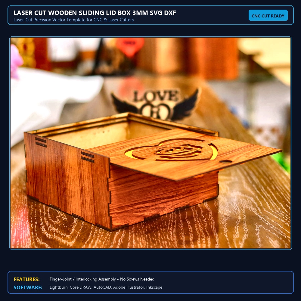 Laser Cut Wooden Sliding Lid Box 3mm SVG DXF CDR AI PDF Free Download - 3axis.co View 3