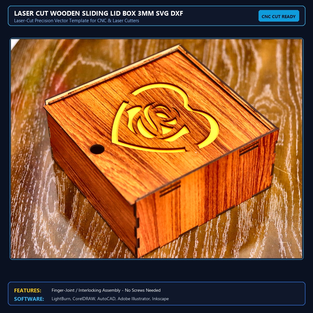 Laser Cut Wooden Sliding Lid Box 3mm SVG DXF CDR AI PDF Free Download - 3axis.co View 4