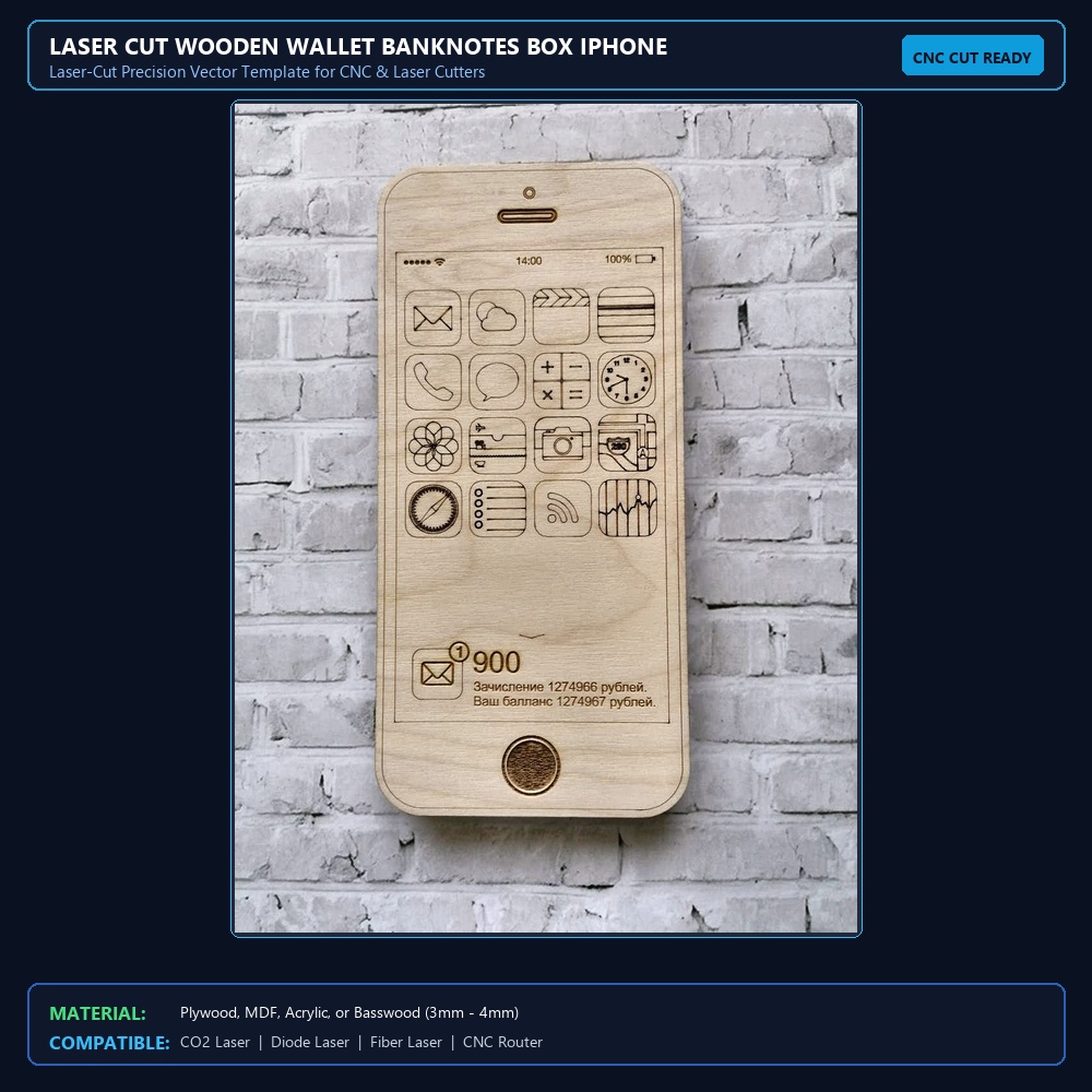 Laser Cut Wooden Wallet Banknotes Box iPhone Shaped View 2